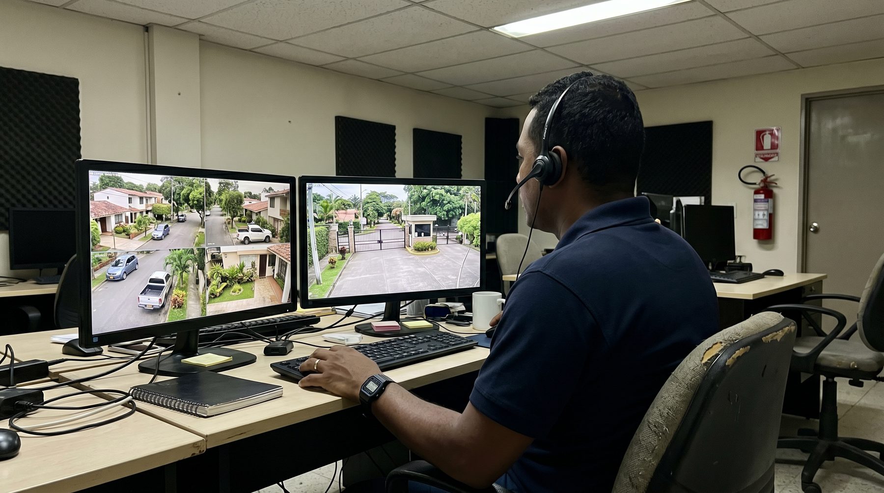 Guardia virtual de AIG Guard vigilando en vivo las cámaras de seguridad de una urbanización